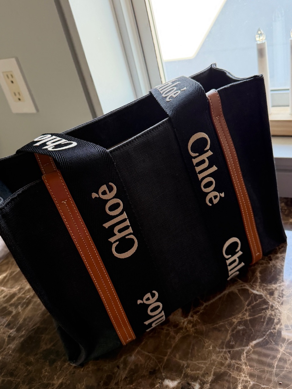 Black Canvas Tote with Tan Leather Trim